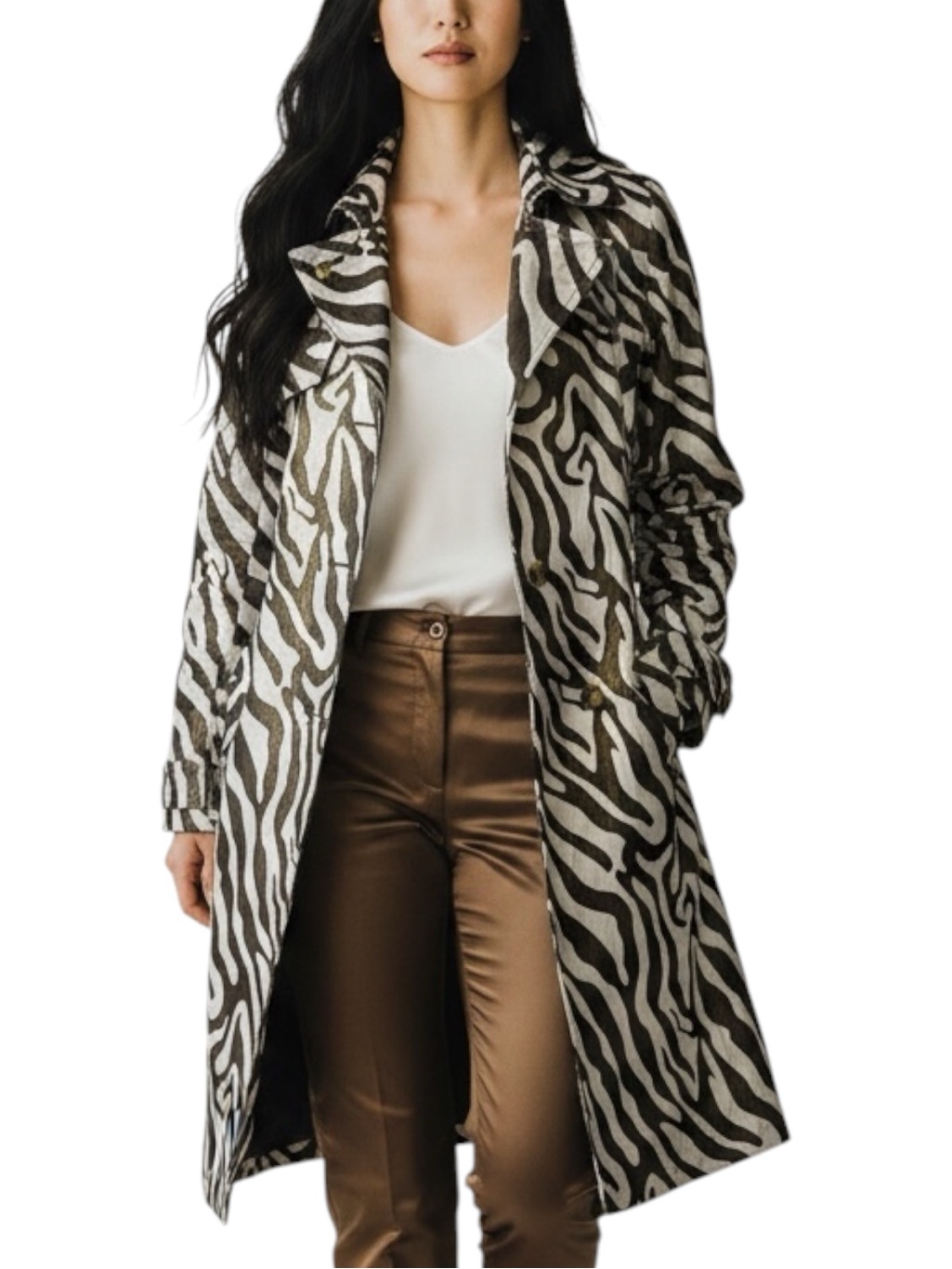Solo Moda Metallic Brown Cream Zebra Print Trench Coat Nwot Size 8 Boho Chic